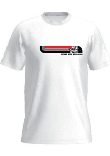 Beyaz Basklı Erkek Bisiklet Yaka T- Shirt
