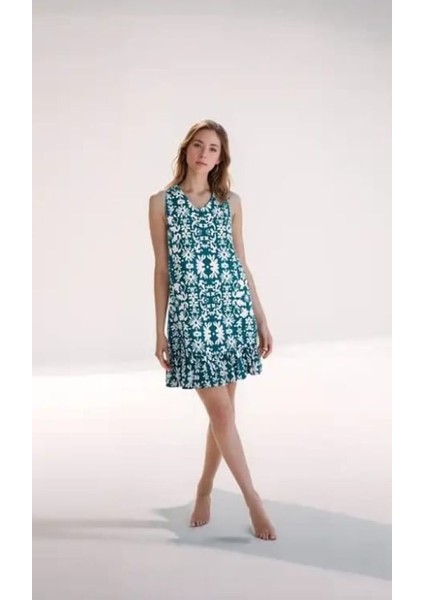 Kadın Desenli Kolsuz Askılı Volanlı Yazlık Viskon Elbise Eteği Fırfırlı