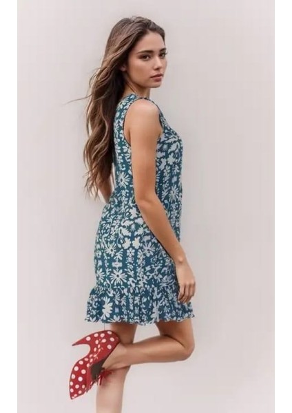 Kadın Desenli Kolsuz Askılı Volanlı Yazlık Viskon Elbise Eteği Fırfırlı fiyatları