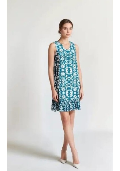 Kadın Desenli Kolsuz Askılı Volanlı Yazlık Viskon Elbise Eteği Fırfırlı modelleri