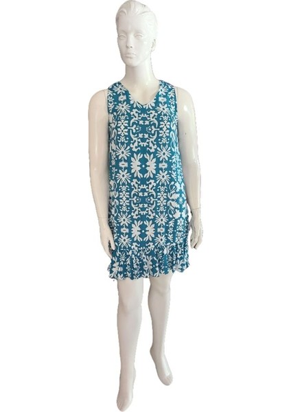 Kadın Desenli Kolsuz Askılı Volanlı Yazlık Viskon Elbise Eteği Fırfırlı fırsatları