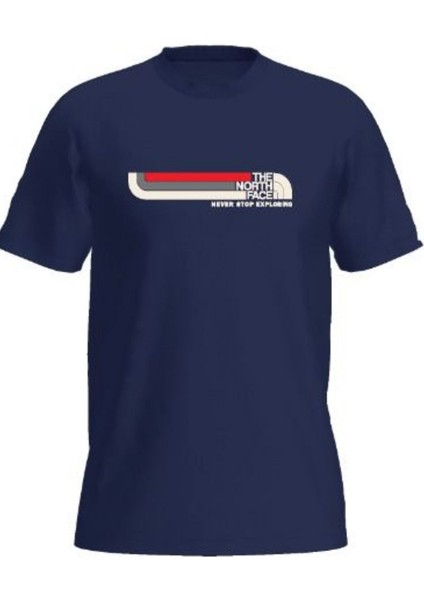 Lacivert Basklı Erkek Bisiklet Yaka T- Shirt