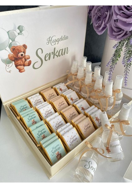 Isme Özel Tasarımlı Kız-Erkek 60 Adet Bebek Çikolatası ve 25 Adet Kolonya Yaş Günü-Hediyelik