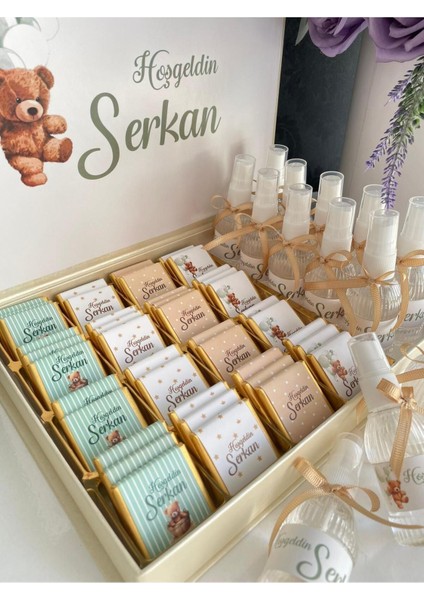 Isme Özel Tasarımlı Kız-Erkek 60 Adet Bebek Çikolatası ve 25 Adet Kolonya Yaş Günü-Hediyelik