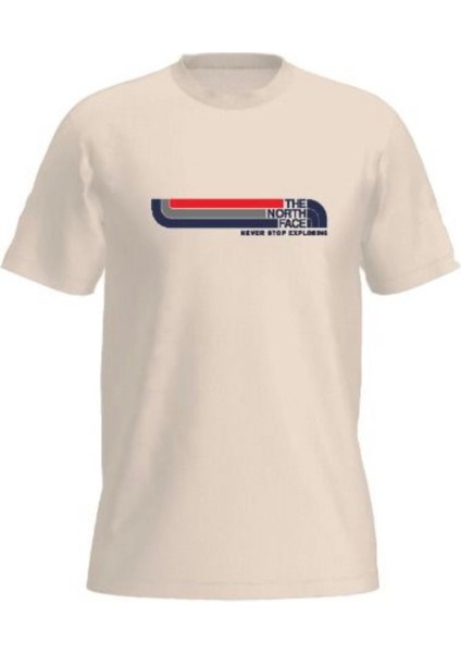 Bej Basklı Erkek Bisiklet Yaka T-Shirt