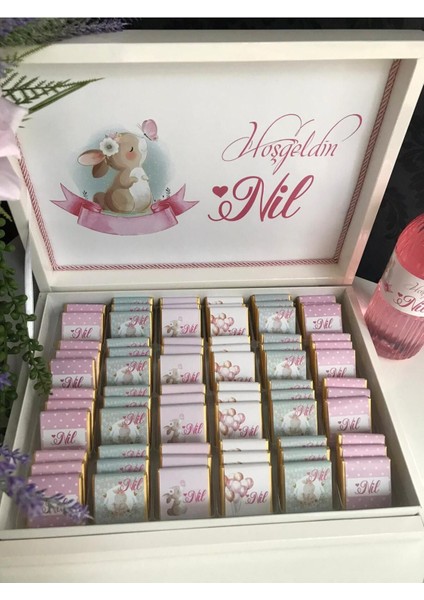 Lüks Kutulu Isme Özel Tasarımlı Kız-Erkek Bebek Çikolatası 60 Adet Dogum-Yaş Günü-Hediyelik Çikolata