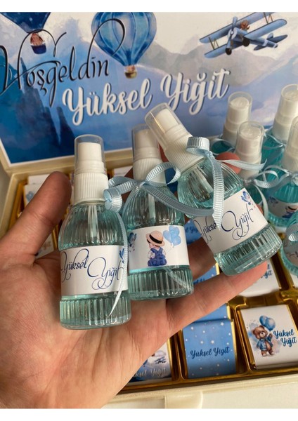 Kutulu Isme Özel Tasarımlı Kız-Erkek 60 Adet Bebek Çikolatası ve 25 Adet Kolonya -Yaş Günü-Hediyelik