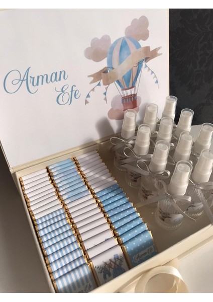 Kutulu Isme Özel Tasarımlı Kız-Erkek 60 Adet Bebek Çikolatası ve 25 Adet Kolonya -Yaş Günü-Hediyelik