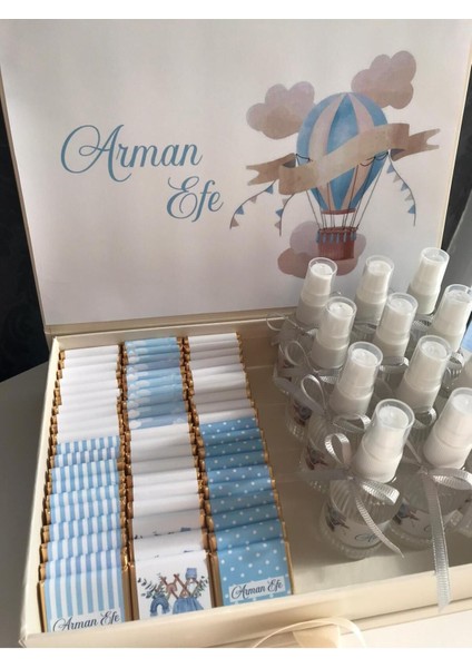 Kutulu Isme Özel Tasarımlı Kız-Erkek 60 Adet Bebek Çikolatası ve 25 Adet Kolonya -Yaş Günü-Hediyelik