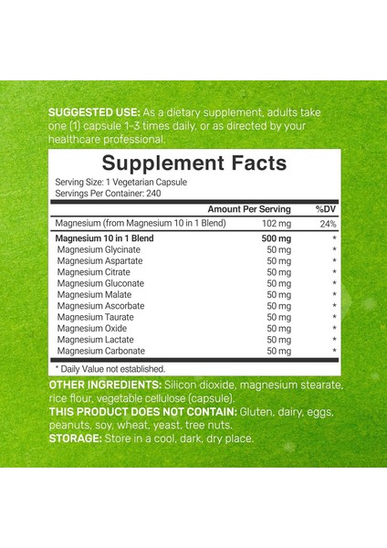 Magnezyum 10-In-1 Complex Supplement 500 mg 240 Veggie Capsules