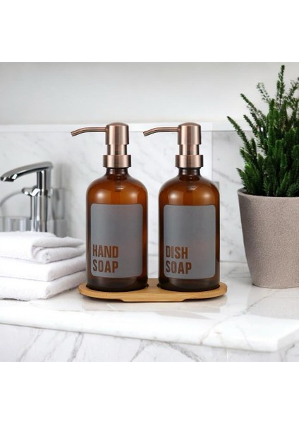 Banyo Mutfak Sıvı Sabunluk Bambu Tepsili 500 ml Cam 2 Li Set