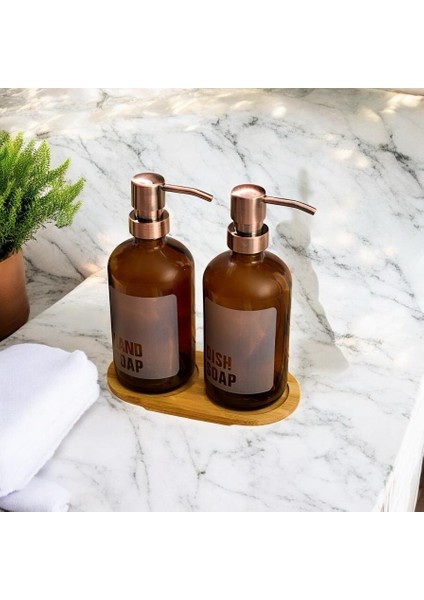 Banyo Mutfak Sıvı Sabunluk Bambu Tepsili 500 ml Cam 2 Li Set