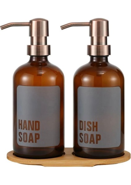 Banyo Mutfak Sıvı Sabunluk Bambu Tepsili 500 ml Cam 2 Li Set