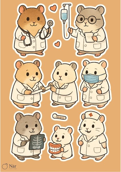 Tatlı Doktor Hamsterlar Sticker Seti - 3 Sayfa - Sevimli Tıbbi Çıkartmalar Seti