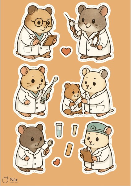Tatlı Doktor Hamsterlar Sticker Seti - 3 Sayfa - Sevimli Tıbbi Çıkartmalar Seti