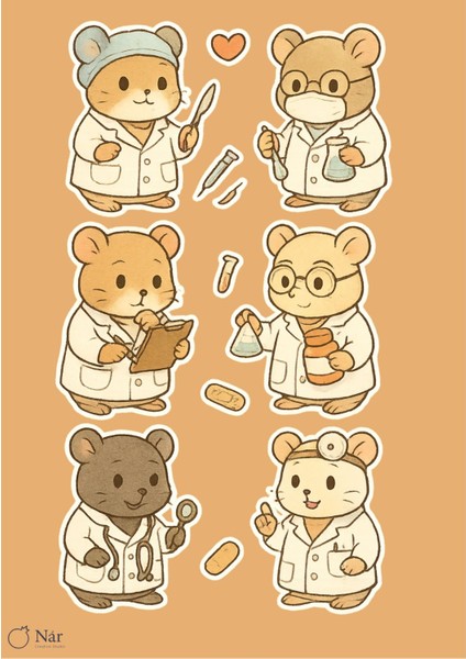 Tatlı Doktor Hamsterlar Sticker Seti - 3 Sayfa - Sevimli Tıbbi Çıkartmalar Seti