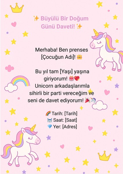 Sihirli Unicorn ve Prenses Temalı Doğum Günü Davetiyesi - 10 Adet