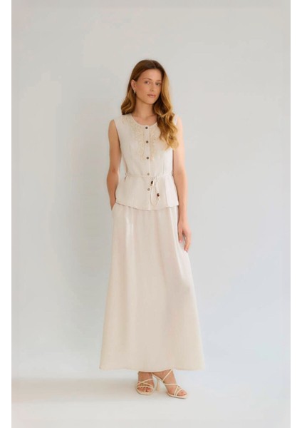 Kadın Bej Zarif Dantel Detaylı Etek Bluz Keten Takım fiyatları