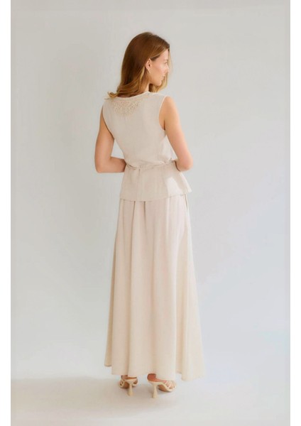 Kadın Bej Zarif Dantel Detaylı Etek Bluz Keten Takım indirimleri