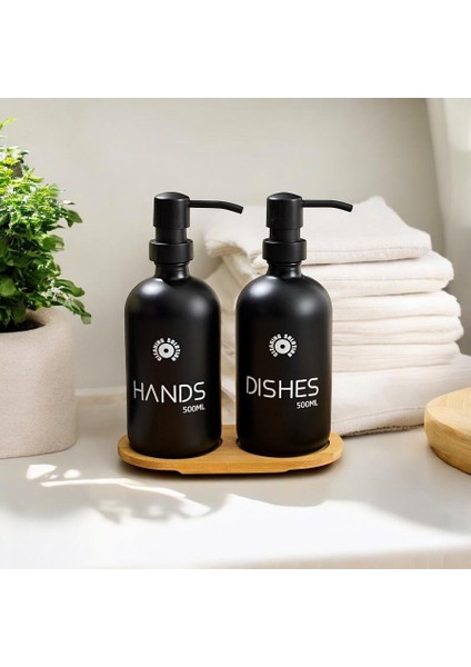 Banyo Mutfak Sıvı Sabunluk Bambu Tepsili 500 ml Siyah Cam 2 Li Set