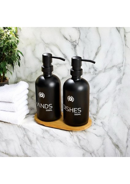 Banyo Mutfak Sıvı Sabunluk Bambu Tepsili 500 ml Siyah Cam 2 Li Set