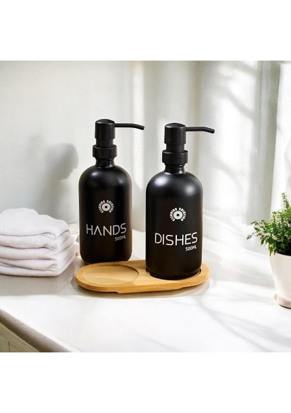 Banyo Mutfak Sıvı Sabunluk Bambu Tepsili 500 ml Siyah Cam 2 Li Set