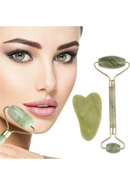 Çift Taraflı 2li Cilt Yüz Masaj Aleti Jade Roller Yeşim Taşı Seti