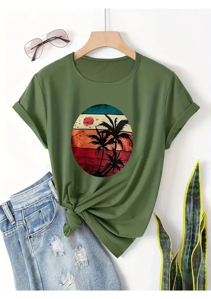 Grip&hug Kadın Kısa Kollu Palmiye Baskılı Viskon T-Shirt