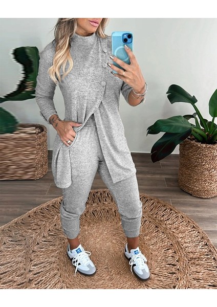 Grip&hug Kadın Uzun Kollu Balıkçı Yaka Önden Düğmeli Bluz ve Pantolon Yumoş Ikili Takım