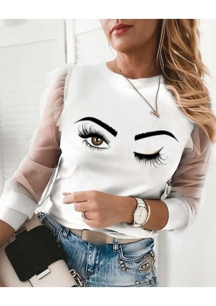 Grip&hug Kadın Uzun Kollu Bisiklet Yaka Göz Baskılı Kolları Tül Detay Dalgıç Bluz