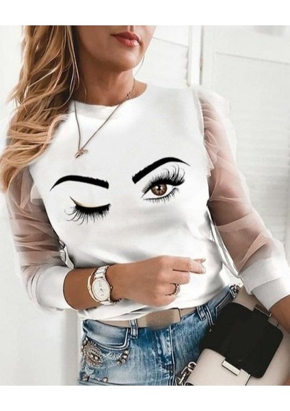 Grip&hug Kadın Uzun Kollu Bisiklet Yaka Göz Baskılı Kolları Tül Detay Dalgıç Bluz