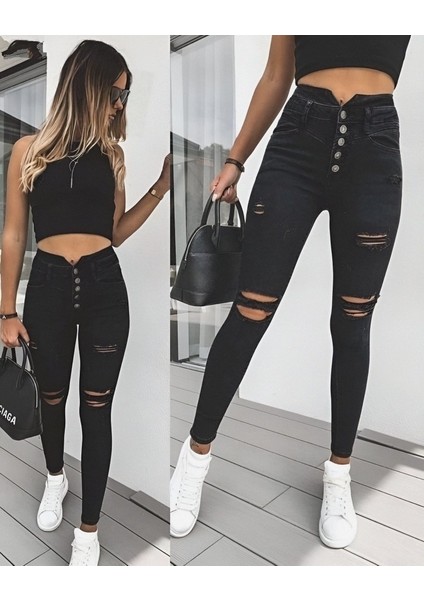 Grip&hug Kadın 5 Düğmeli V Detay Bel Yırtık Kot Pantolon