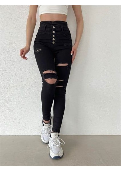 Grip&hug Kadın 5 Düğmeli V Detay Bel Yırtık Kot Pantolon modelleri
