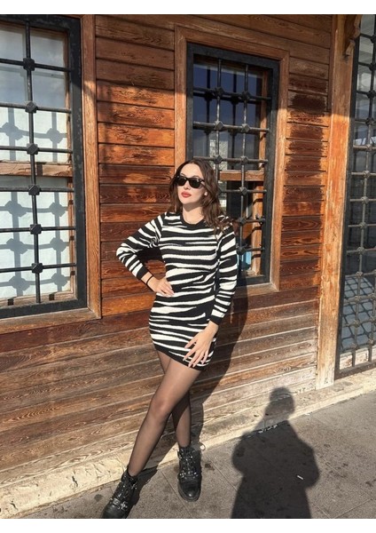 Grip&hug Kadın Uzun Kollu Siyah Beyaz Zebra Desen Triko Elbise