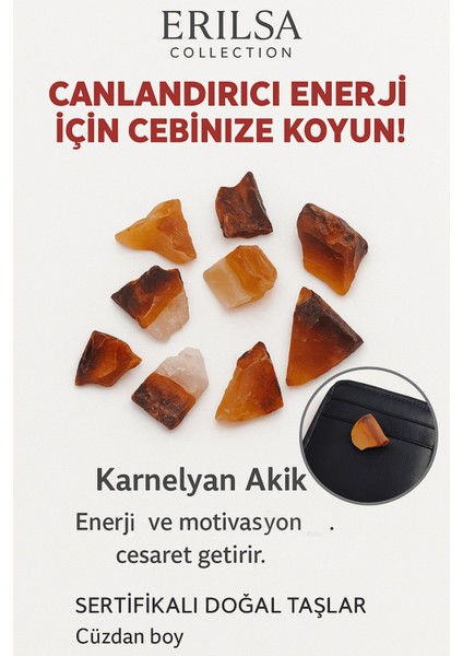 Sertifikalı Ham Cüzdan Boy Karnelyan Akik Taşı Kütle- - Günlük Enerji ve Özgüven Desteği