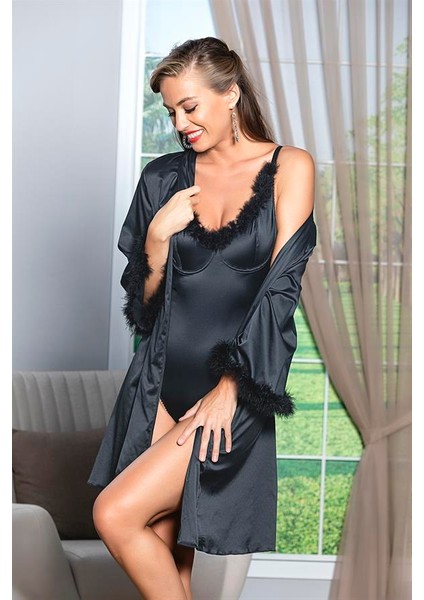 Hsyn Kuşaklı Mini Boy Saten Sabahlık Siyah (BRF11500) Akdenizpos Yeni