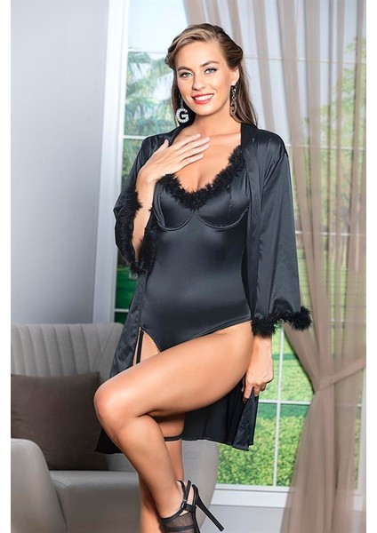 Hsyn Kuşaklı Mini Boy Saten Sabahlık Siyah (BRF11500) Akdenizpos Yeni