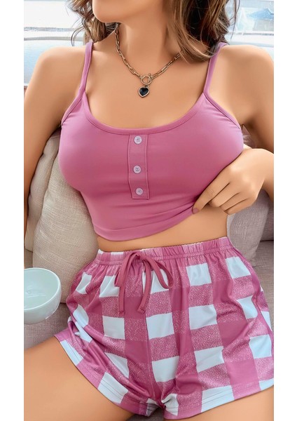 Hsyn Kadın Pembe Kareli Desenli Askılı Şortlu Pijama Takım Akdenizpos Yeni