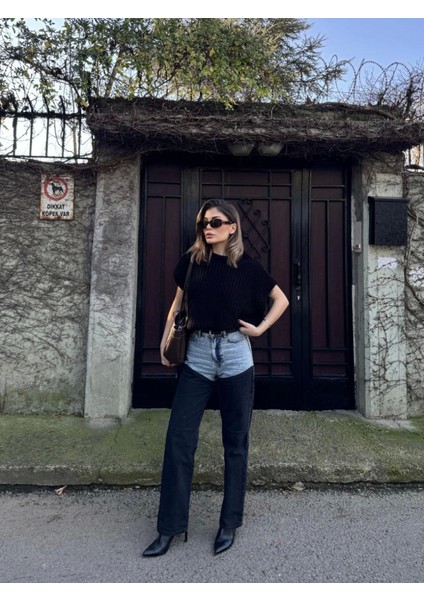 Grip&hug Jeans Kot Parçalı Palazzo Pantolon - Siyah