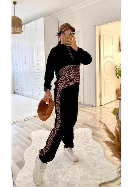 Grip&hug Kadın Uzun Kollu Leopar Detay Sweat ve Yanı Leopar Şerit Detay Pantolon Ikili Takım
