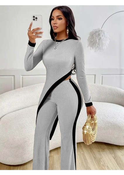 Grip&hug Kadın Uzun Kollu Bisiklet Yaka Asimetrik Kesim Bluz Şardonlu Kaşkorse Bluz ve Pantolon Ikili Takım modelleri