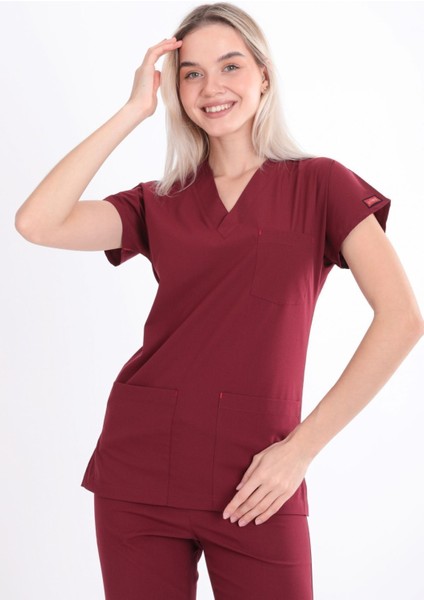 UÇAK MEDİKAL Bordo U-flex Likralı Tek Üst