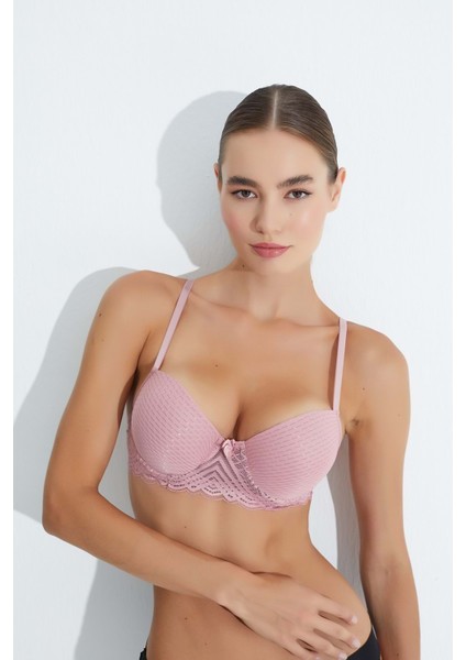 3041 Yağmur Desen Kol Dantelli Push-Up Destekli Sütyen - Gül Kurusu - 90