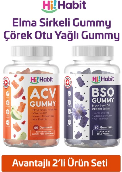 Elma Sirkesi ve Çörek Otu Yağı İçeren Gummy – D3, B12 ve Folik Asit Takviyeli Vegan Gummies 2 x 60 Adet