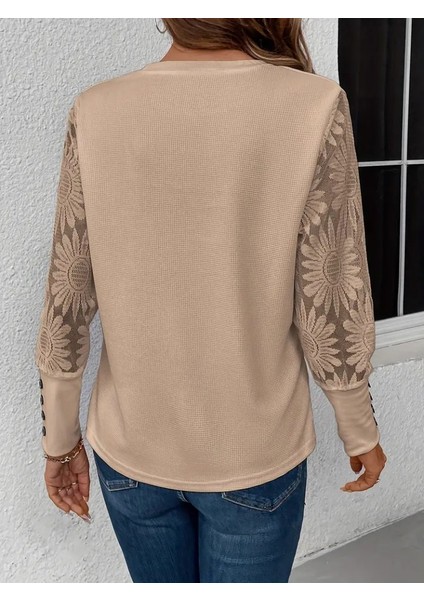 Grip&hug Kadın Uzun Kollu Bisiklet Yaka Kolları Çiçekli Waffle Bluz