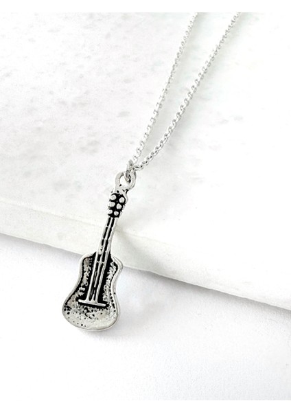 Gitar Müzk Aleti, Müzik Severlere Özel Parlak Unisex Tasarım 925 Ayar Gümüş Kolye