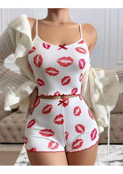 Desenli Ince Askı Kadın Şortlu Pijama Takım