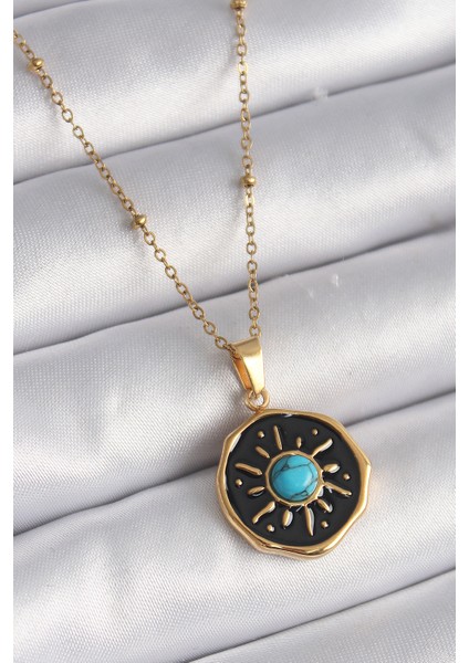 316L Çelik Gold Renk Mavi Boncuk Güneş Işleme Madalyon Model Kadın Kolye - TJ-BKO9524