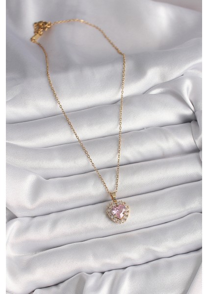 316L Çelik Gold Renk Zincir Pembe Zirkon Taşlı Kalp Model Kadın Kolye - TJ-BKO9718