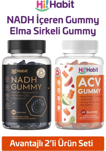 Nadh ve Elma Sirkesi İçeren Gummy – B12 Q10 Folik Asit Takviyeli Vegan Gummies 2 x 60 Adet
